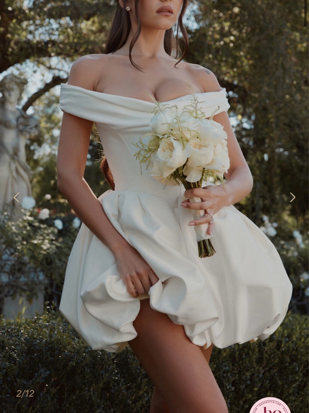 Leonora House of CB - Ivory Satin Off Shoulder Mini Bridal Gown size Large